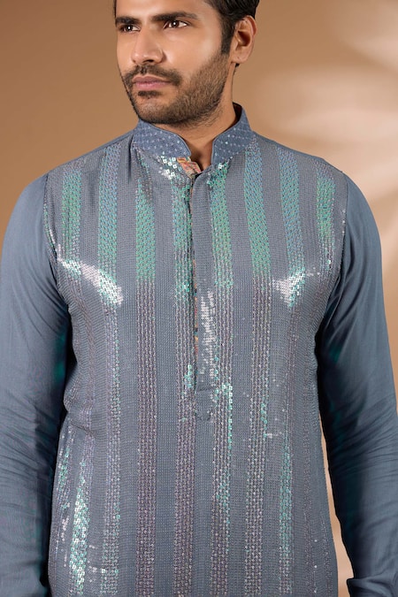 Rabani & Rakha Teal Georgette, Cotton, Silk Sequins Embroidered Kurta With Pant Online at Aza Fashions Rabani & Rakha_Teal Georgette, Cotton, Silk Sequins Embroidered Kurta With Pant _Online_at_Aza_Fashions