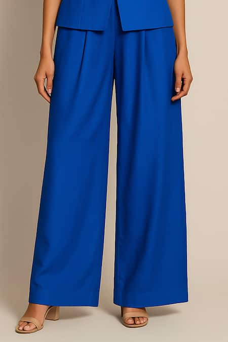 Ozel_Blue Linen, Satin Mandarin Collar Top And Pant Set _Online_at_Aza_Fashions