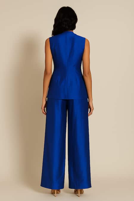 Ozel Blue Linen Satin Top & Pant Set 
