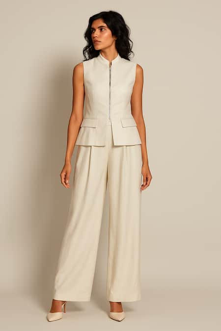 Ozel White Linen, Satin Mandarin Collar Top And Pant Set 