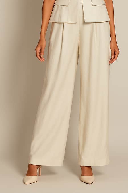 Ozel_White Linen, Satin Mandarin Collar Top And Pant Set _Online_at_Aza_Fashions