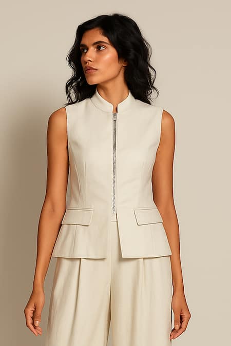 Ozel White Linen Satin Top & Pant Set 