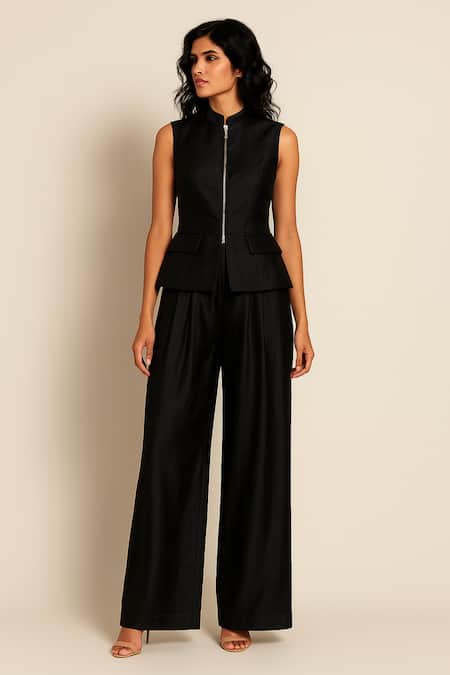 Ozel Black Linen, Satin High Neck Top And Pant Set 