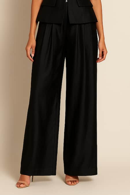 Ozel_Black Linen, Satin High Neck Top And Pant Set _Online_at_Aza_Fashions