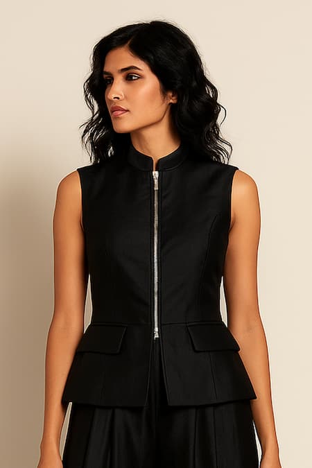 Ozel Black Linen Satin Top & Pant Set 