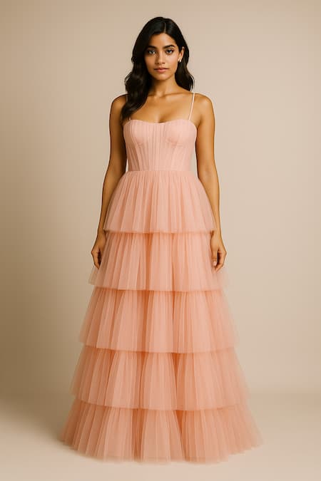 Ozel Peach Blush Tiered Tulle Gown 