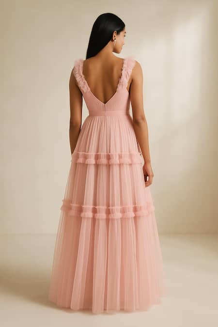 Ozel Blush Pink Ruffled Tulle Gown 