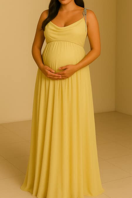 Ozel_Yellow Bemberg, Satin Cowl Neck Butter Shimmer Dress _Online_at_Aza_Fashions