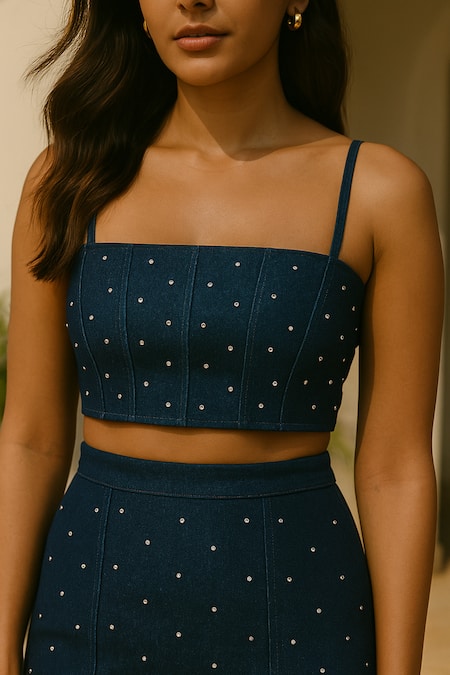 Ozel_Blue Denim Square Neck Dark Skirt And Top Set _Online_at_Aza_Fashions