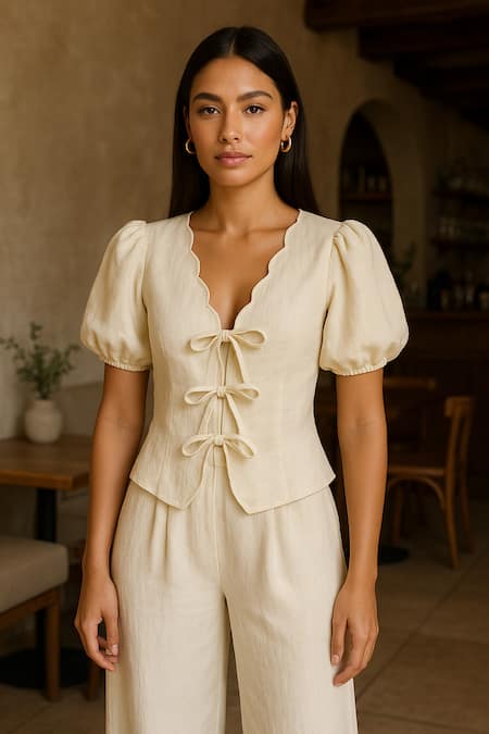 Ozel Ivory Cotton Linen Top & Pant Set 