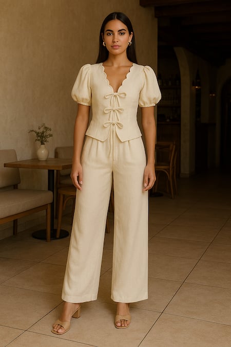 Ozel Ivory Cotton, Linen V-neck Top And Pant Set 