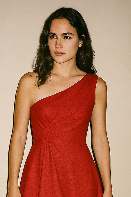 Ozel Red One Shoulder Designer Dress 