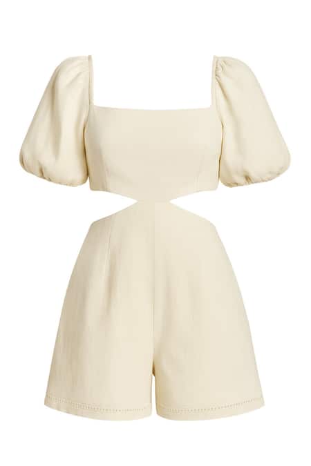 Ozel_Ivory Cotton, Linen Square Neck Designer Jumpsuit _Online_at_Aza_Fashions