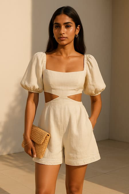 Ozel Ivory Cotton, Linen Square Neck Designer Jumpsuit 