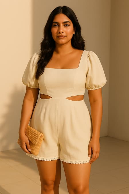 Ozel Ivory Cotton Linen Designer Jumpsuit 