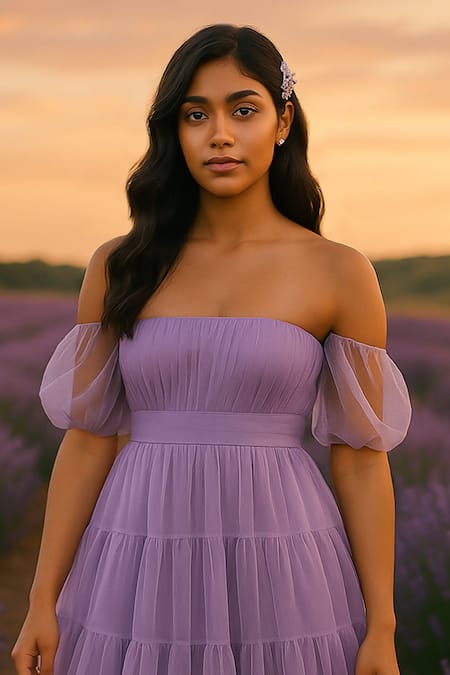 Ozel Lavender Soft Tulle Tiered Dress 