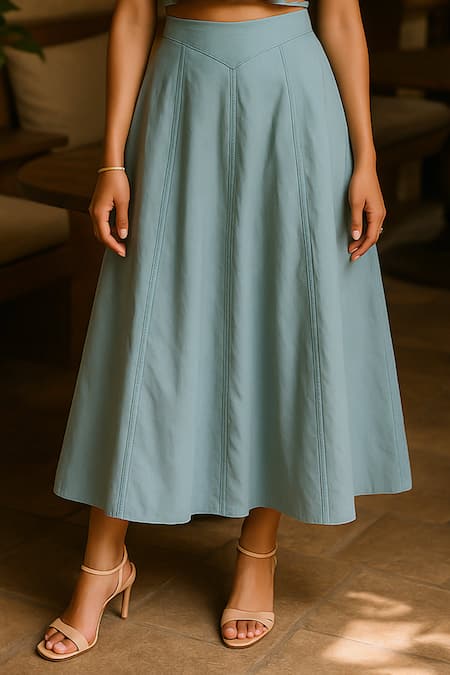 Buy_Ozel_Blue Lycra, Cotton Round Neck Light Designer Skirt And Top Set _Online_at_Aza_Fashions