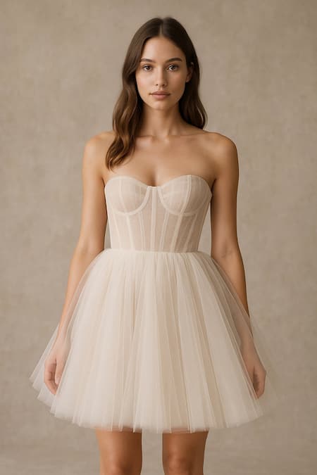Ozel Ivory Tulle Strapless Dress 