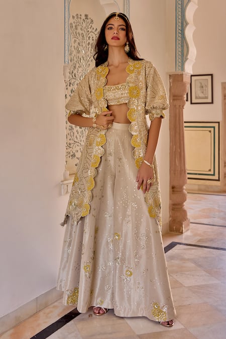 Osaa By Adarsh Beige Silk, Tissue Zari, Embroidery Open , Round Jacket Gharara Set 