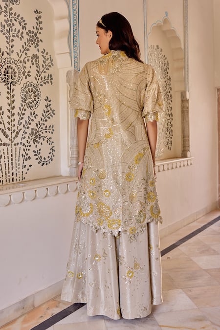 Shop_Osaa By Adarsh_Beige Silk, Tissue Zari, Embroidery Open , Round Jacket Gharara Set _at_Aza_Fashions