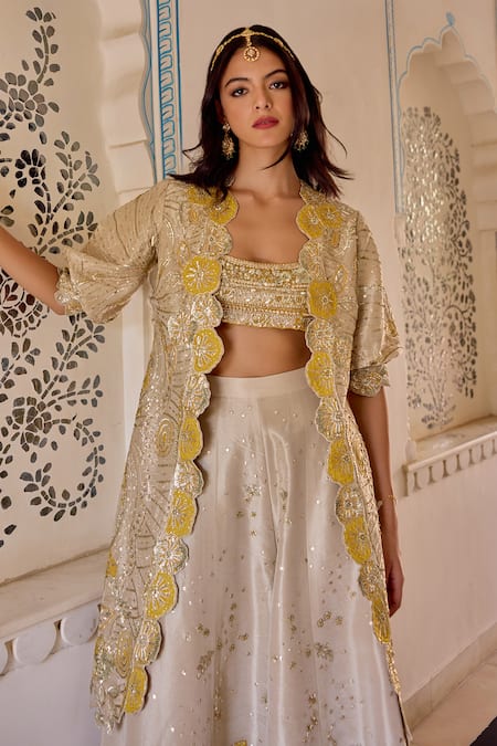 Osaa By Adarsh_Beige Silk, Tissue Zari, Embroidery Open , Round Jacket Gharara Set _Online_at_Aza_Fashions