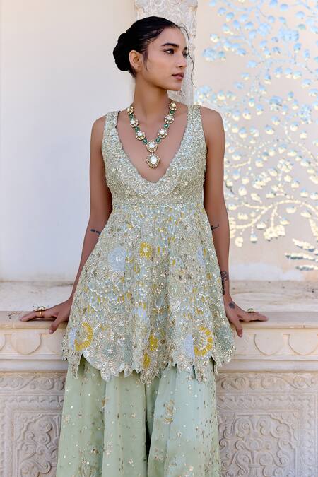 Osaa By Adarsh Green Satin, Silk Embroidery, Sequins V-neck Peplum Top And Gharara Set Online at Aza Fashions Osaa By Adarsh_Green Satin, Silk Embroidery, Sequins V-neck Peplum Top And Gharara Set _Online_at_Aza_Fashions