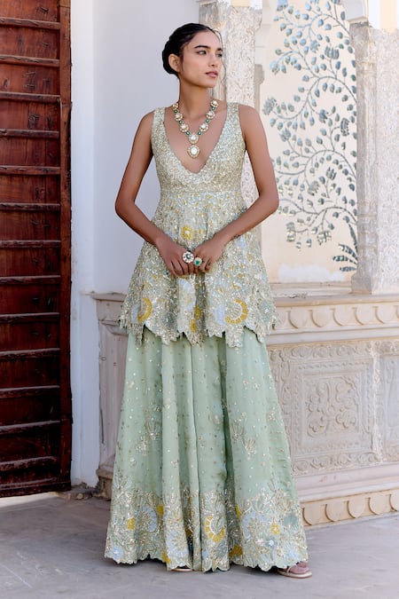 Osaa By Adarsh Green Satin, Silk Embroidery, Sequins V-neck Peplum Top And Gharara Set 