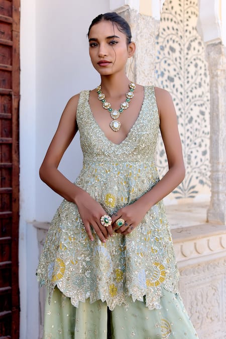 Buy Osaa By Adarsh Green Satin, Silk Embroidery, Sequins V-neck Peplum Top And Gharara Set Online at Aza Fashions Buy_Osaa By Adarsh_Green Satin, Silk Embroidery, Sequins V-neck Peplum Top And Gharara Set _Online_at_Aza_Fashions