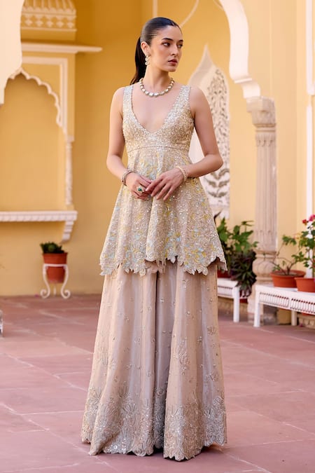 Osaa By Adarsh Beige Silk, Tissue Zari, Embroidery V-neck Zardozi Peplum Top And Gharara Set 