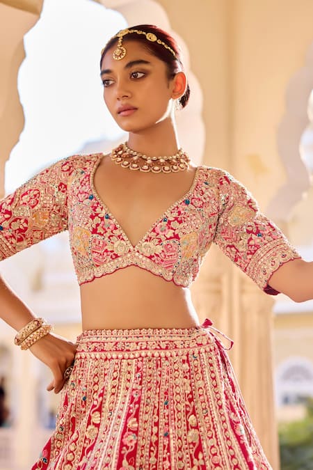 Buy_Osaa By Adarsh_Red Silk Zari, Embroidery, Sequins V-neck Bridal Lehenga Set _Online_at_Aza_Fashions
