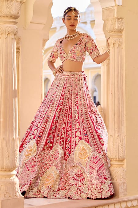 Buy_Osaa By Adarsh_Red Silk Zari, Embroidery, Sequins V-neck Bridal Lehenga Set 