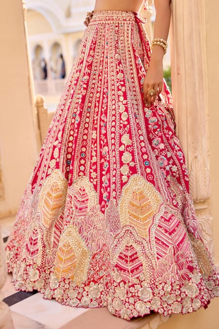 Shop_Osaa By Adarsh_Red Silk Zari, Embroidery, Sequins V-neck Bridal Lehenga Set 