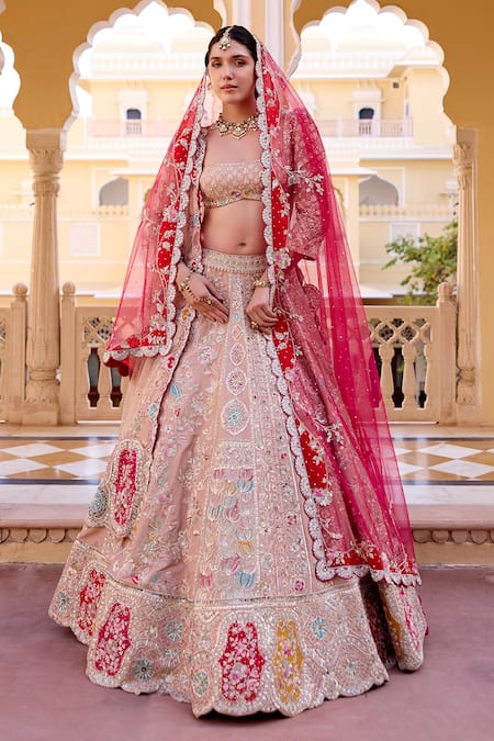 Osaa By Adarsh Peach Silk Zari, Embroidery, Sequins Bandeau Neck Zardozi Bridal Lehenga Set 