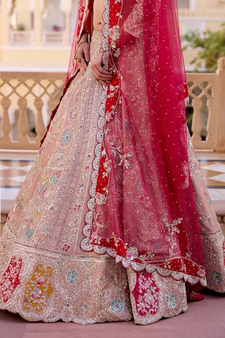 Shop_Osaa By Adarsh_Peach Silk Zari, Embroidery, Sequins Bandeau Neck Zardozi Bridal Lehenga Set _Online_at_Aza_Fashions