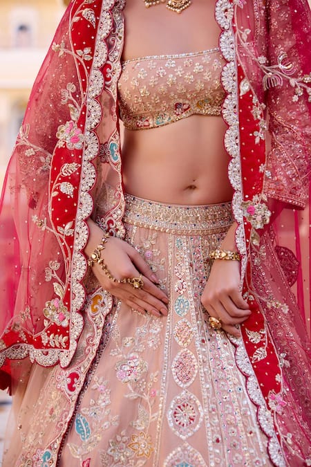 Osaa By Adarsh_Peach Silk Zari, Embroidery, Sequins Bandeau Neck Zardozi Bridal Lehenga Set _at_Aza_Fashions