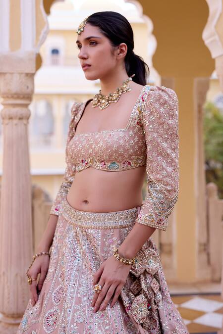 Buy_Osaa By Adarsh_Peach Silk Zari, Embroidery, Sequins Bandeau Neck Zardozi Bridal Lehenga Set 