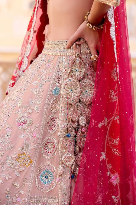 Shop_Osaa By Adarsh_Peach Silk Zari, Embroidery, Sequins Bandeau Neck Zardozi Bridal Lehenga Set 