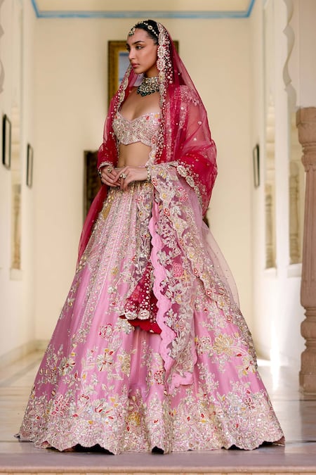 Buy_Osaa By Adarsh_Pink Silk Zari, Embroidery, Sequins Rosaline Mulberry Bridal Lehenga Set _Online_at_Aza_Fashions
