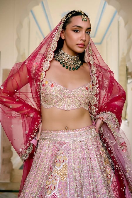 Shop_Osaa By Adarsh_Pink Silk Zari, Embroidery, Sequins Rosaline Mulberry Bridal Lehenga Set _Online_at_Aza_Fashions