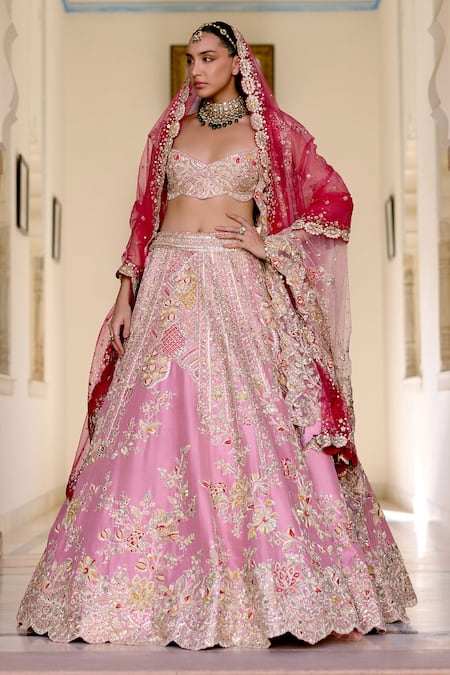 Buy_Osaa By Adarsh_Pink Silk Zari, Embroidery, Sequins Rosaline Mulberry Bridal Lehenga Set 