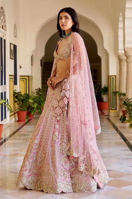 Osaa By Adarsh_Pink Organza Sequins, Embroidery, Zari V-neck Rosaline Lehenga Set _Online_at_Aza_Fashions