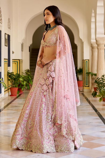 Buy_Osaa By Adarsh_Pink Organza Sequins, Embroidery, Zari V-neck Rosaline Lehenga Set _Online_at_Aza_Fashions