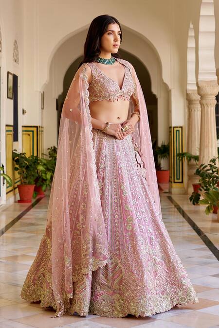 Shop_Osaa By Adarsh_Pink Organza Sequins, Embroidery, Zari V-neck Rosaline Lehenga Set _Online_at_Aza_Fashions