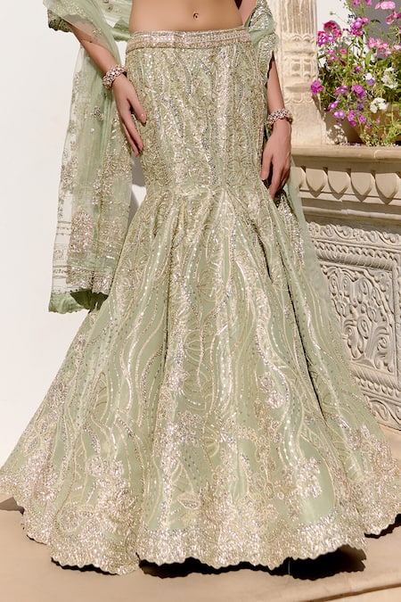 Buy_Osaa By Adarsh_Green Silk, Tissue Zari, Embroidery Plunge Neck Fishcut Lehenga Set _Online_at_Aza_Fashions