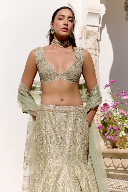 Shop_Osaa By Adarsh_Green Silk, Tissue Zari, Embroidery Plunge Neck Fishcut Lehenga Set _Online_at_Aza_Fashions