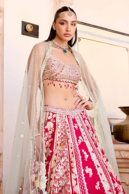 Buy_Osaa By Adarsh_Red Silk Beads, Embroidery Bandeau Neck Cut Ruby Mulberry Lehenga Set _Online_at_Aza_Fashions