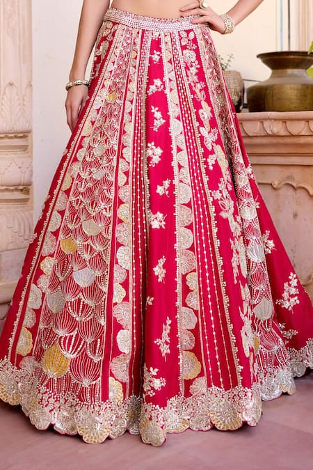 Shop_Osaa By Adarsh_Red Silk Beads, Embroidery Bandeau Neck Cut Ruby Mulberry Lehenga Set _Online_at_Aza_Fashions