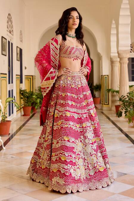 Buy_Osaa By Adarsh_Red Organza Embroidery, Zari, Applique, Sequins Round Neck Cut Ruby Lehenga Set _Online_at_Aza_Fashions