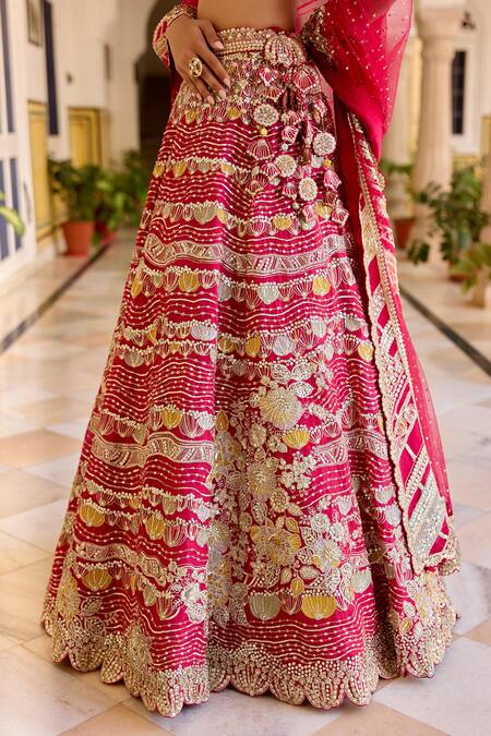 Osaa By Adarsh_Red Organza Embroidery, Zari, Applique, Sequins Round Neck Cut Ruby Lehenga Set _at_Aza_Fashions