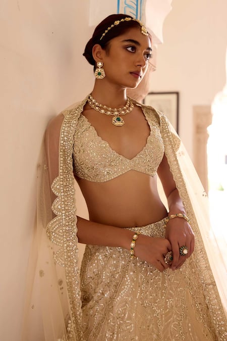 Osaa By Adarsh_Beige Silk, Tissue Embroidery, Zari, Sequins, Frost Champagne Jaal Lehenga Set _Online_at_Aza_Fashions